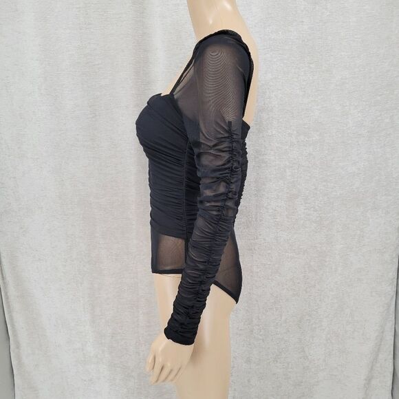 Thats so Fetch Long Sleeve Bodysuit Black Ruched Mesh Women's 4 - Picture 2 of 15
